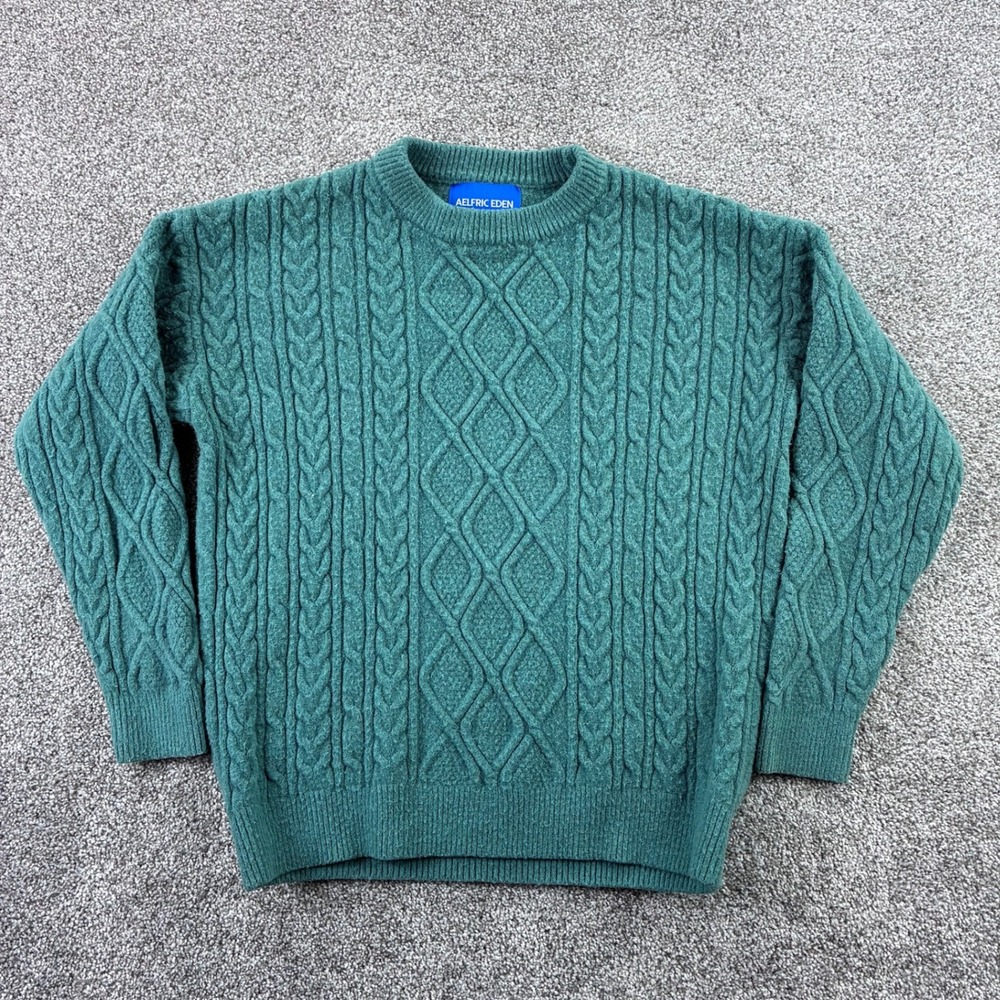 Aelfric Eden Sweater Mens Small Green Cable Knit Crewneck Chunky Streetwear‎